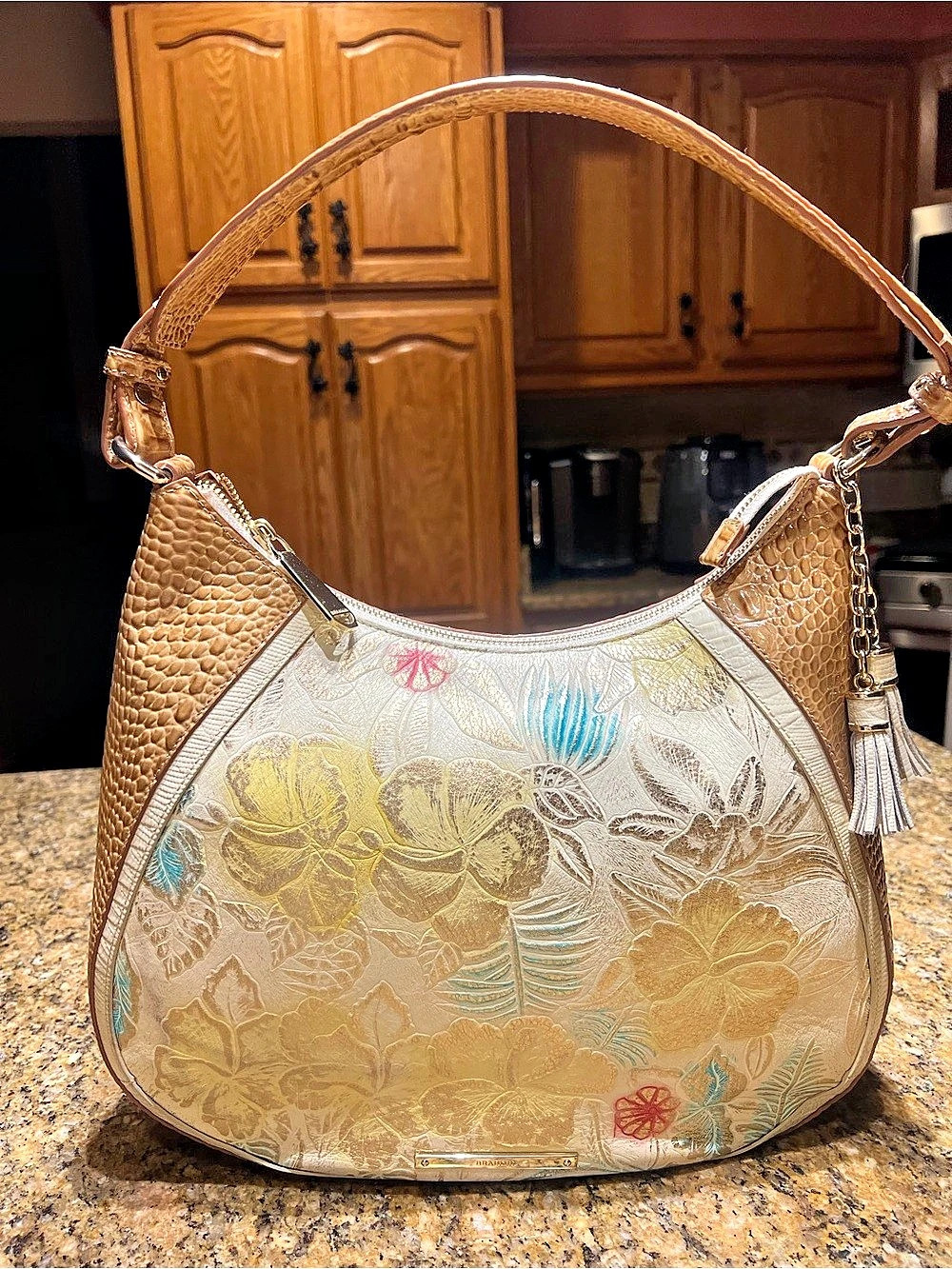 Brahmin Floral Hobo in Tan & White